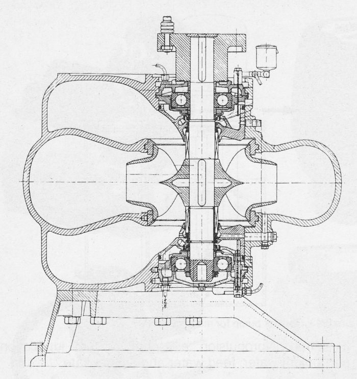 Marine double suction pump with the pump casing divided axially axially split in a vertical plane